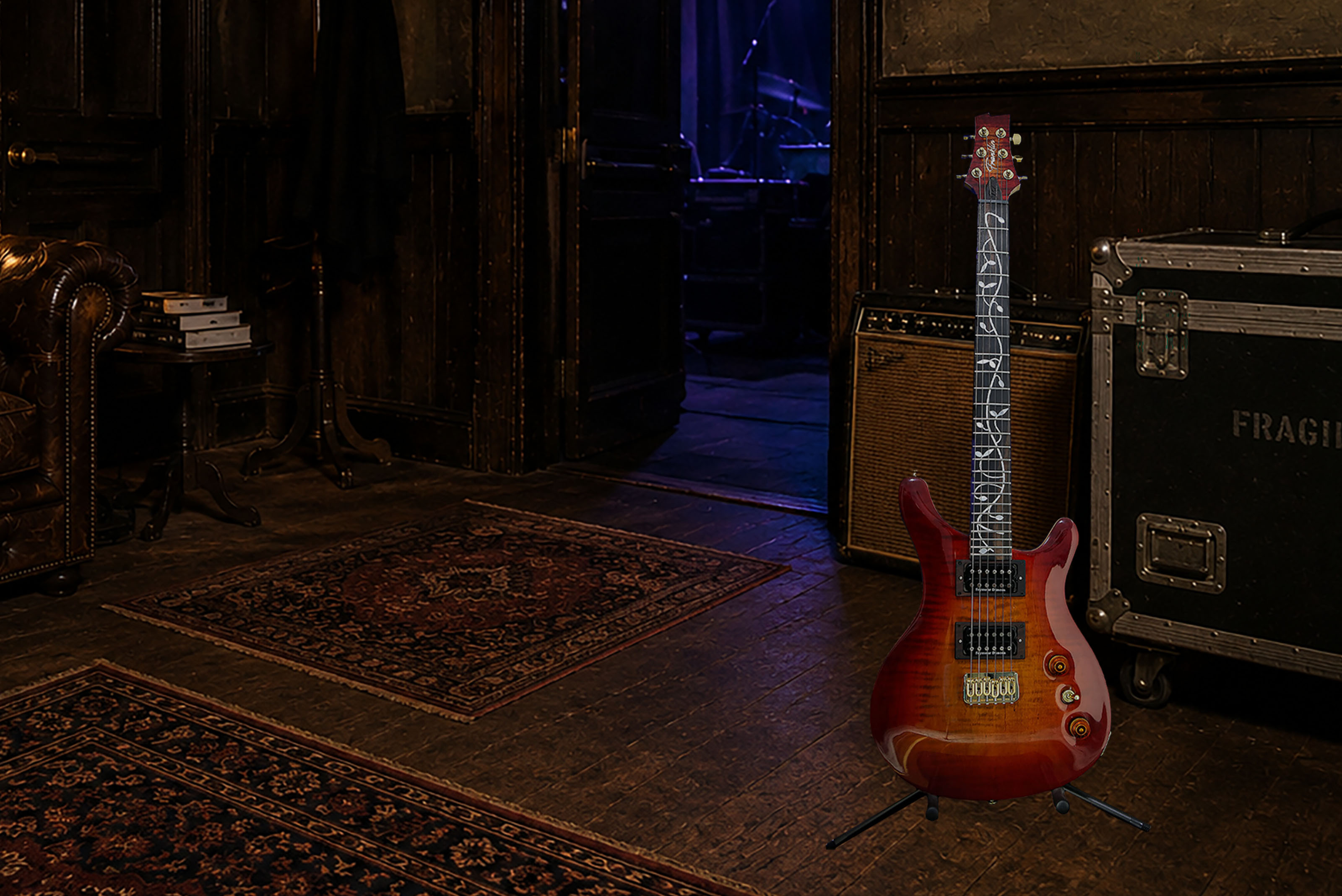 Close shot of carved electric guitar top under low light